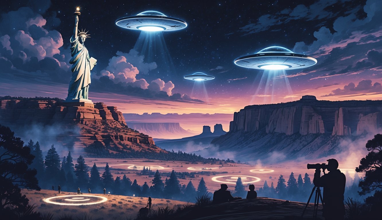 A night scene showing UFOs hovering over American landmarks like the Statue of Liberty and Mount Rushmore, with people observing the sky and mysterious crop circles on the ground.