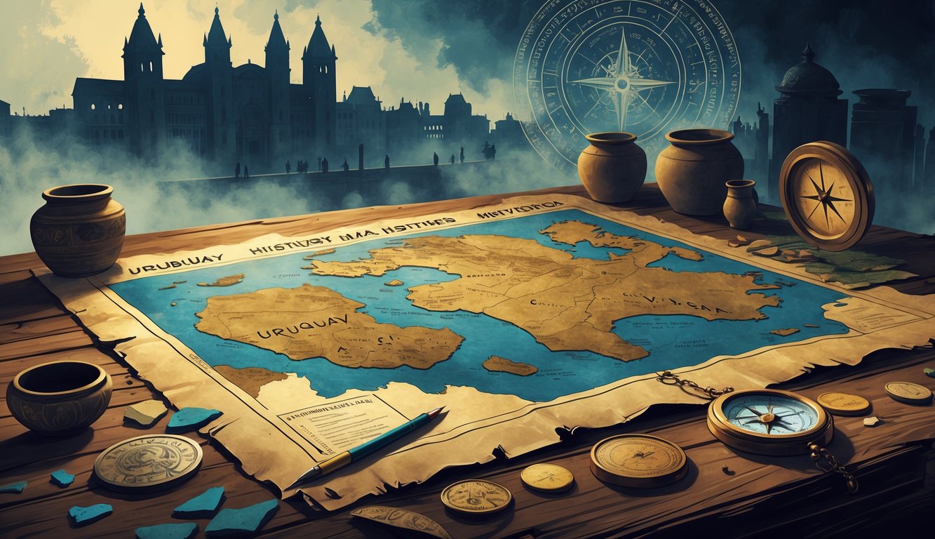 A wooden table with an old map of Uruguay surrounded by ancient pottery shards, colonial coins, and a glowing compass, with shadowy historic buildings and mysterious symbols in the background.
