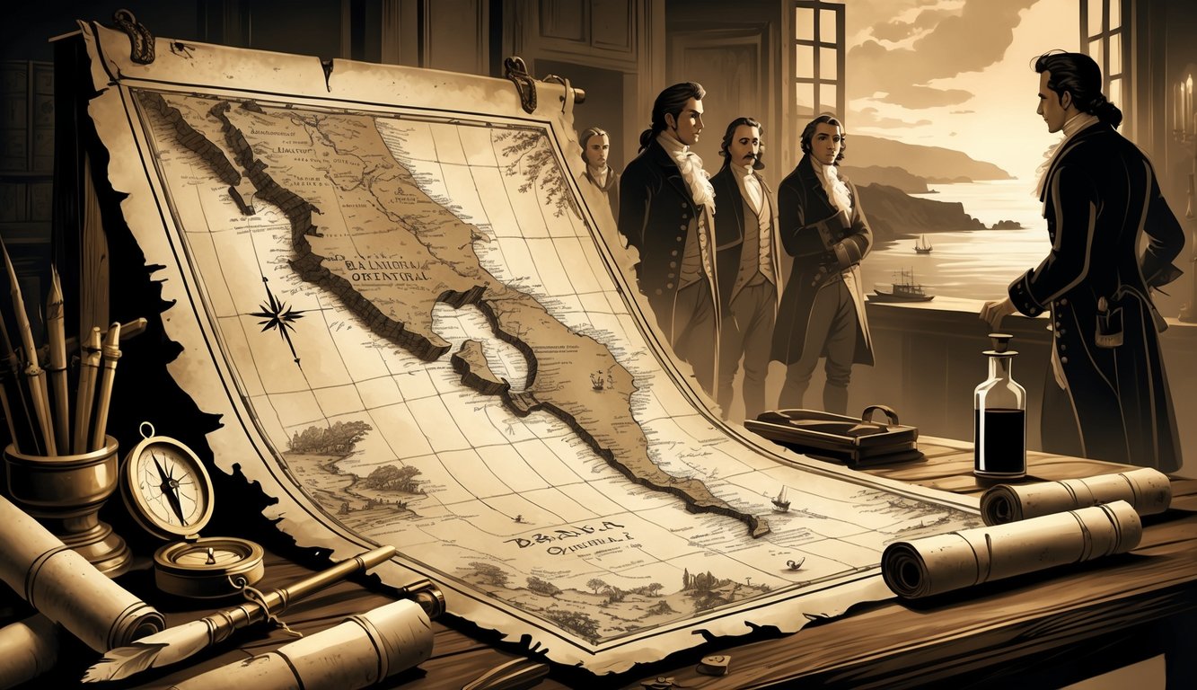 An old map of Banda Oriental on a wooden table surrounded by navigation tools, with shadowy colonial figures and a misty coastline with ships in the background.