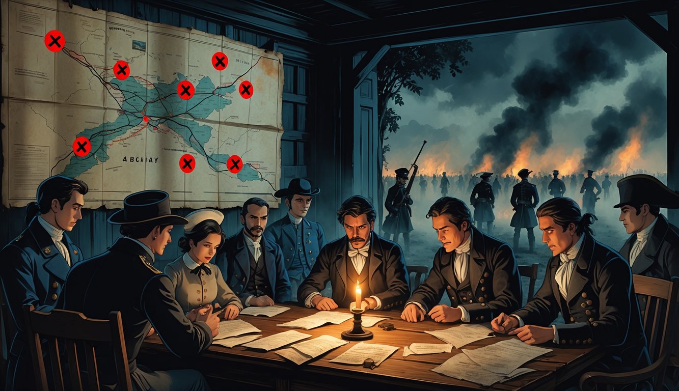 A group of historical figures in 19th-century clothing examining maps and documents in a dim war room with a shadowy battlefield visible in the background.