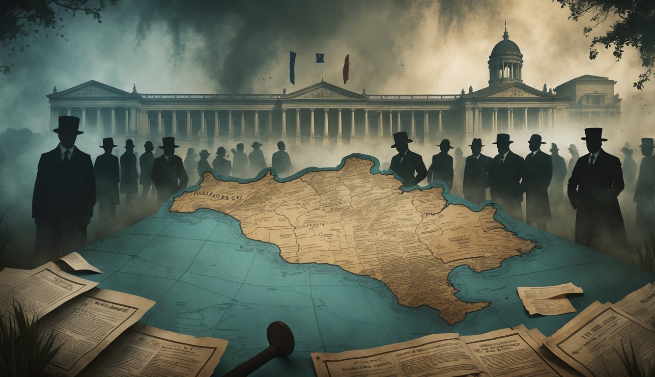 An old map of Uruguay surrounded by shadowy figures and iconic landmarks, with mist and scattered documents suggesting political mystery and historical intrigue.