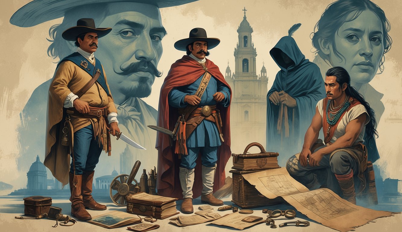 A group of historical figures from Uruguay including a gaucho, a cloaked figure with a map, and an indigenous warrior, set against a background of Uruguayan landmarks and mysterious artifacts.