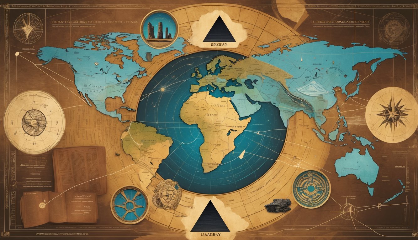 A detailed illustration showing a map of Uruguay surrounded by symbols of historical mysteries and lines connecting to famous global landmarks like pyramids and stone monuments.