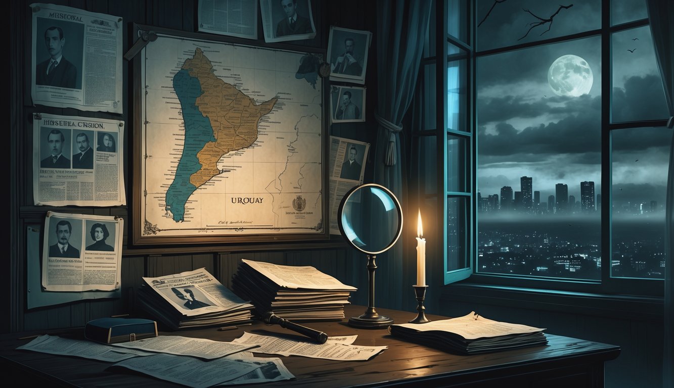 A dimly lit study room with old maps, photographs, and newspaper clippings about missing persons in Uruguay, with a magnifying glass and notebook on a wooden desk and a misty city skyline visible through a window.