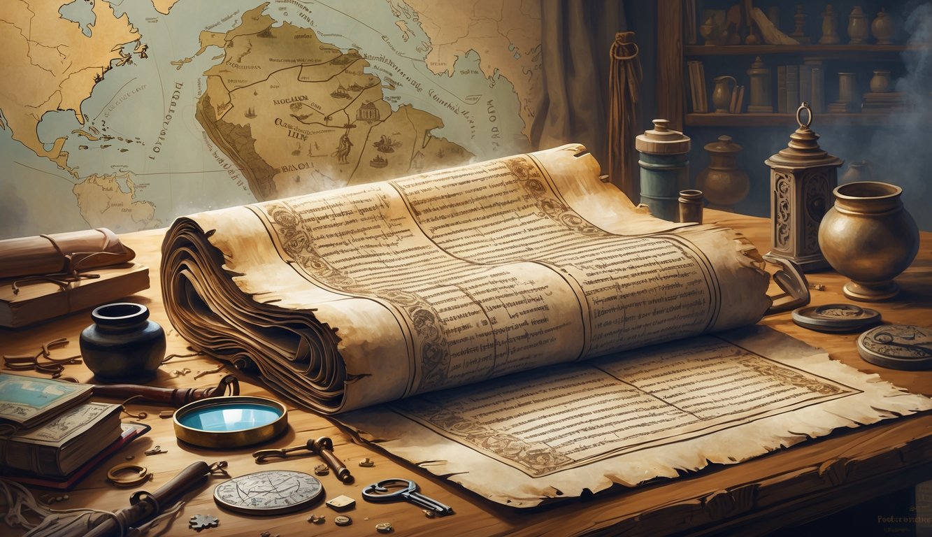 An ancient manuscript on a wooden table surrounded by historical artifacts and symbols representing Uruguay's history and mysteries.