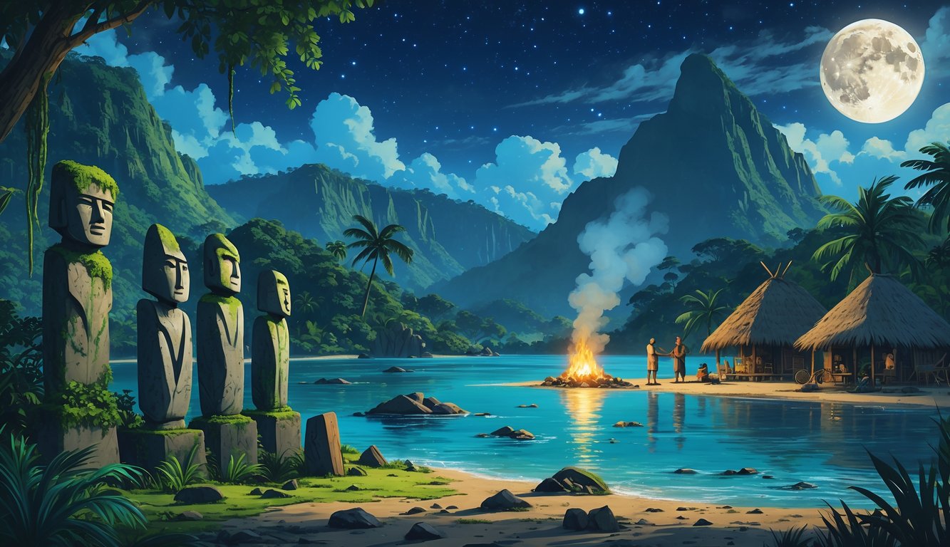 A tropical island landscape with ancient stone megaliths, traditional huts, archaeological sites, and people gathered around a campfire under a starry night sky.