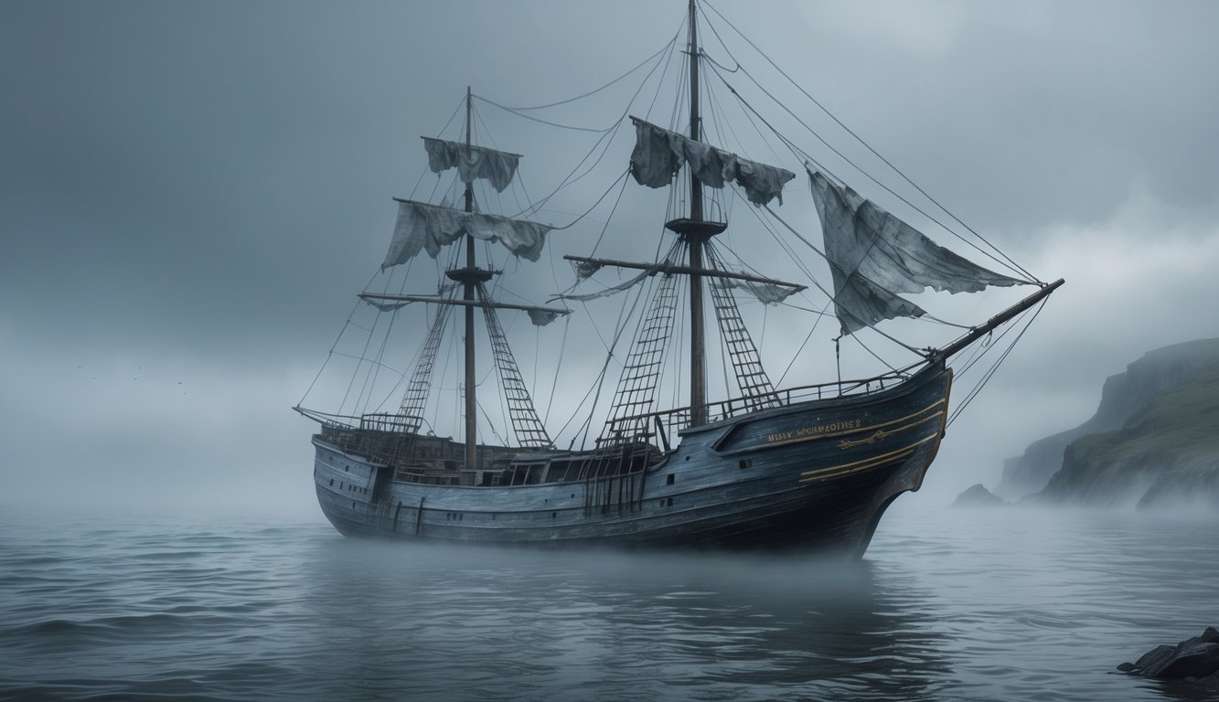 An abandoned 19th-century ship floating alone on foggy ocean waters near a rocky coastline with cliffs and a lighthouse in the distance.