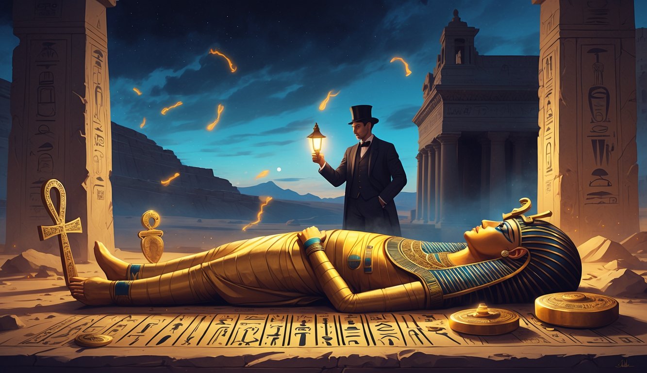 A partially unwrapped golden mummy on a stone slab surrounded by Egyptian artifacts, with a British archaeologist holding a lantern nearby, set against a background blending Egyptian desert and a Victorian British building.