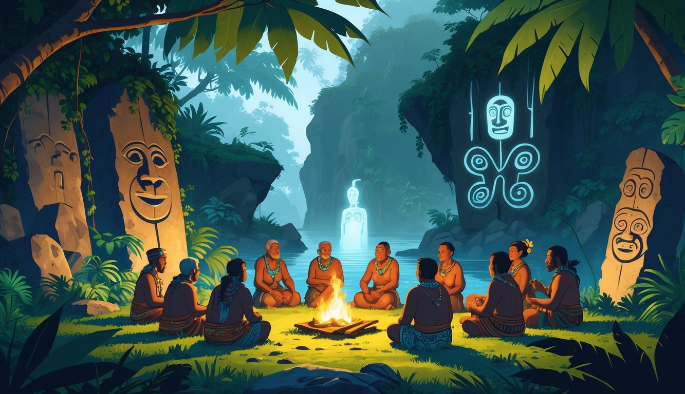 A tropical island scene with elders sharing stories around a fire near ancient stone ruins and traditional cultural artifacts.