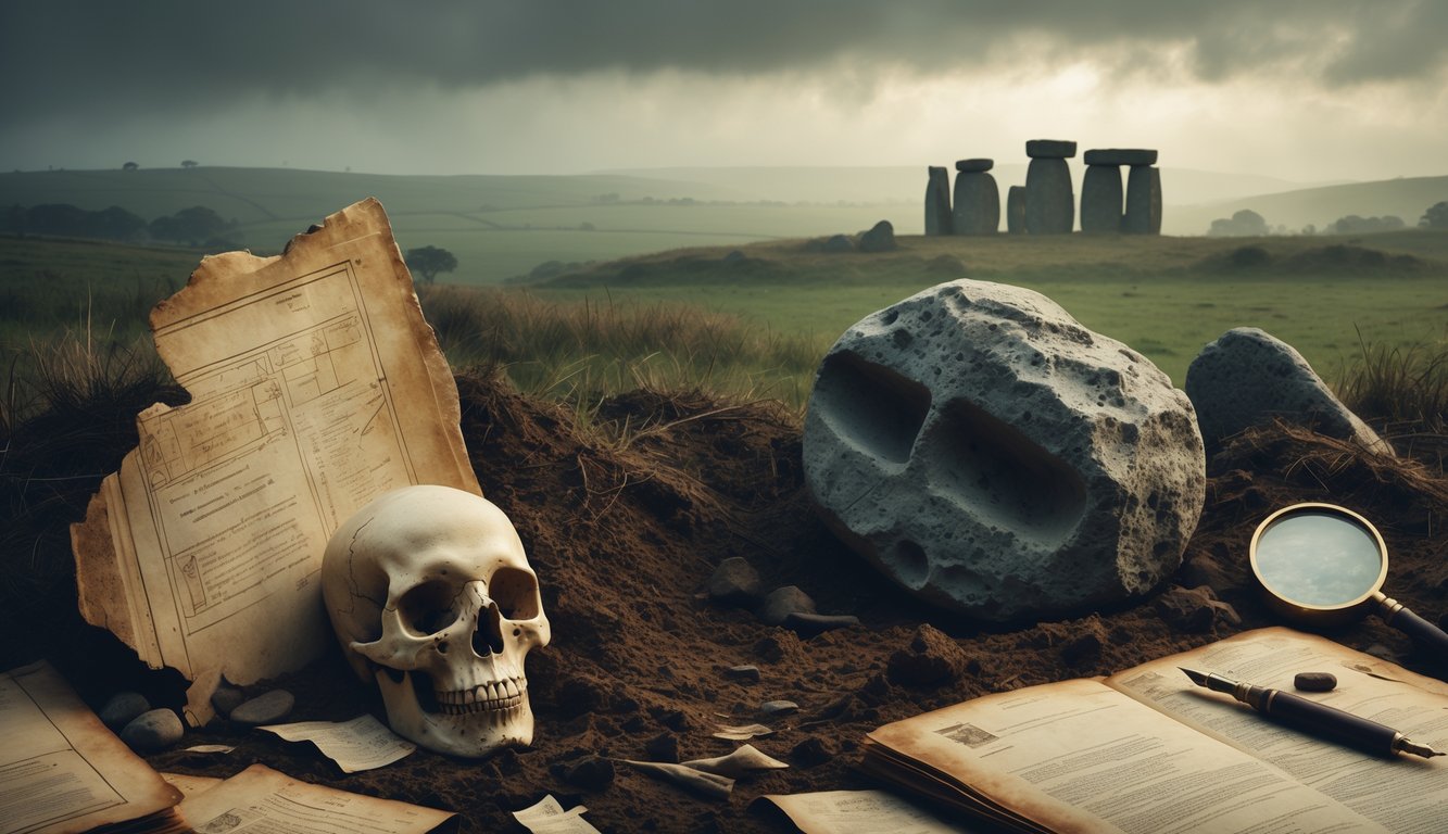 A scene showing ancient artifacts, old documents, and mysterious carvings set in a foggy English countryside with Stonehenge in the distance.