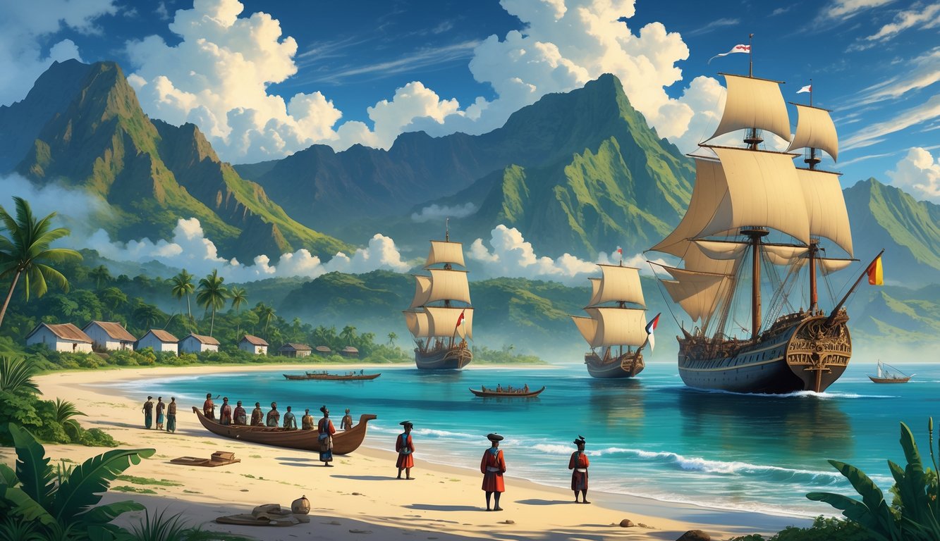 A coastal scene showing European colonial ships near a tropical island with indigenous people and colonial officers interacting on the shore, surrounded by lush vegetation and mountains.