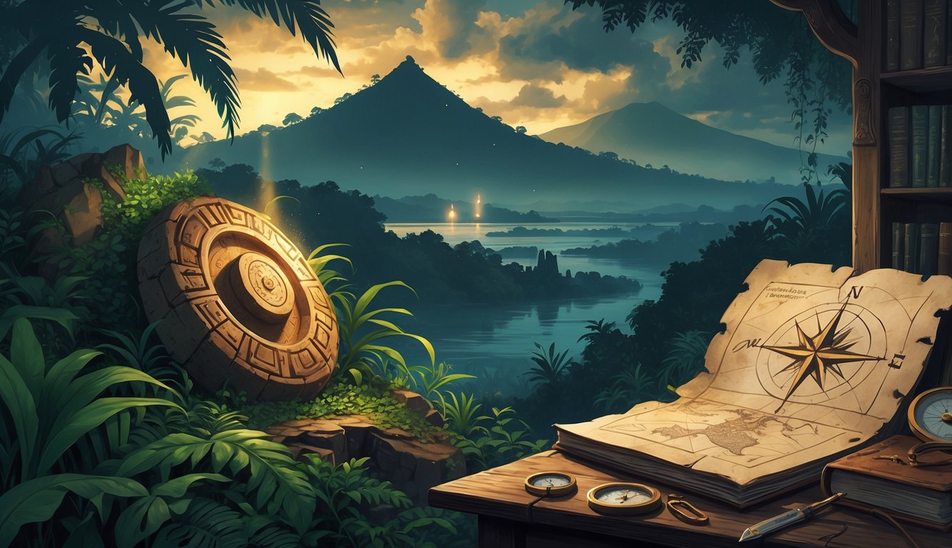 An illustration showing an ancient artifact in a jungle, a glowing lost city in the distance, and a mysterious map on a table surrounded by books and a compass.