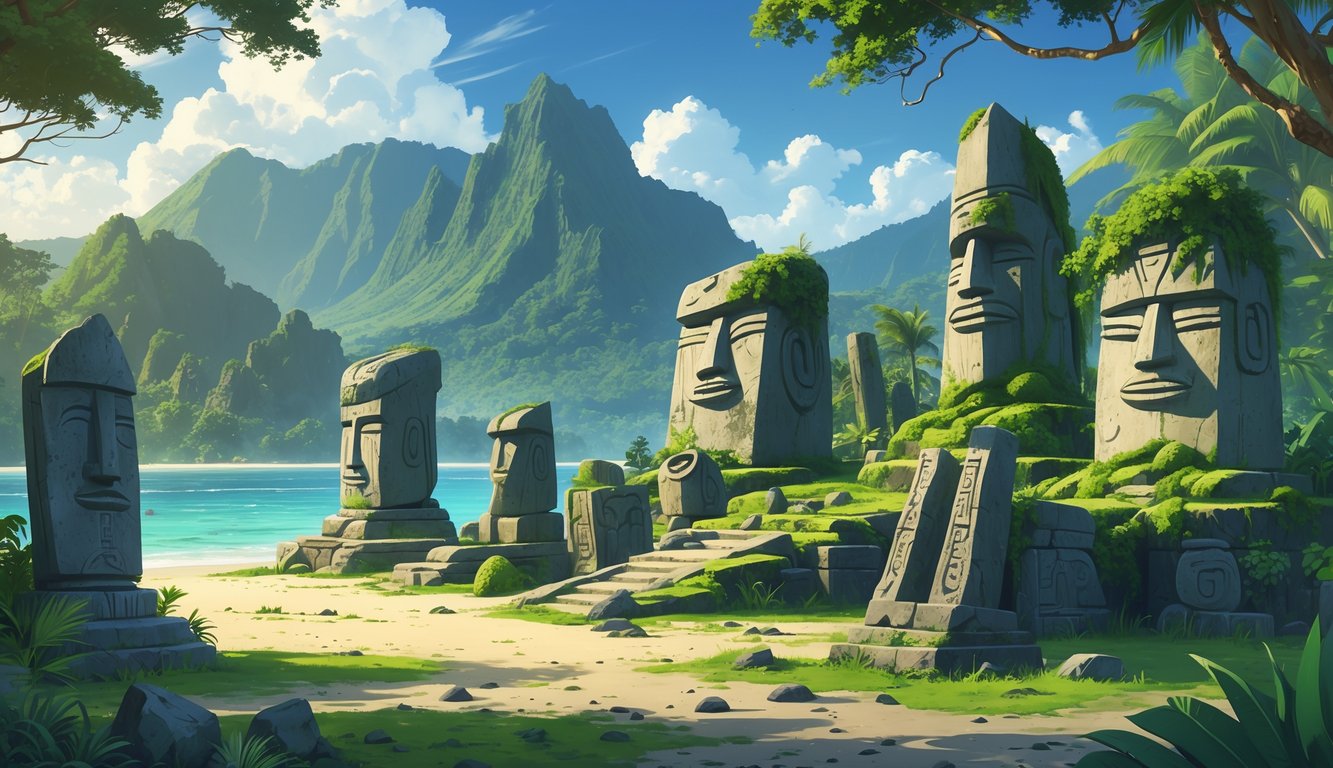 A tropical island with ancient stone structures and carved wooden artifacts surrounded by jungle and mountains.