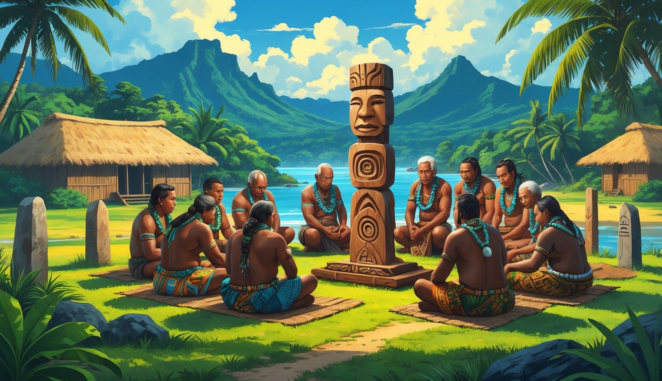 A group of indigenous Vanuatu elders in traditional clothing gathered around a carved wooden totem on a tropical island with huts and mountains in the background.