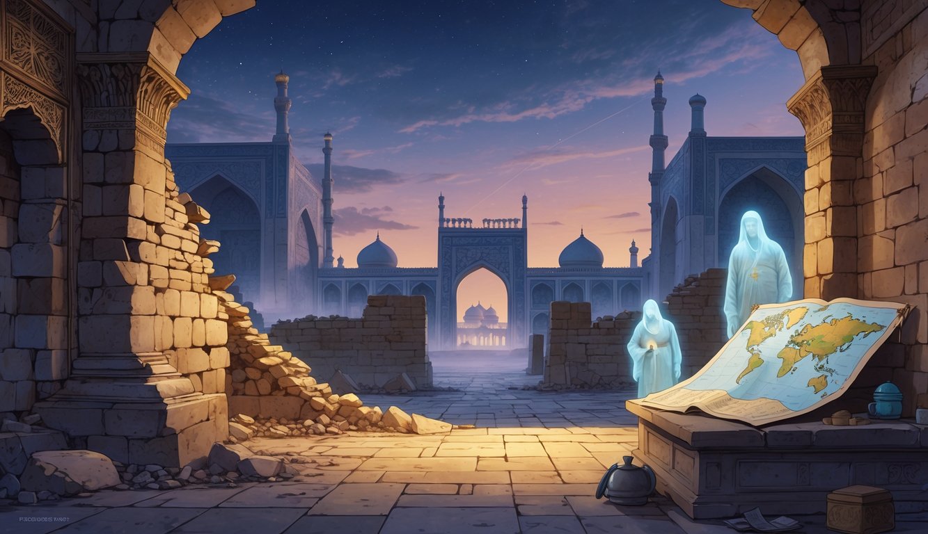 An ancient archaeological site in Uzbekistan with ruins, historic buildings in the background, ghostly figures of scholars, and an old map on a stone pedestal.