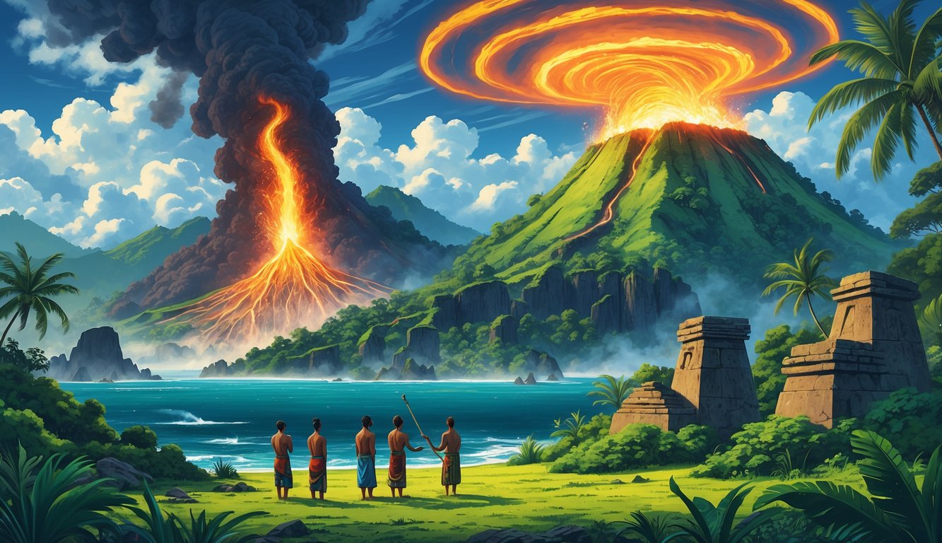 A tropical island scene with a volcanic eruption, ancient stone structures, swirling sky phenomena, and indigenous people observing the events.