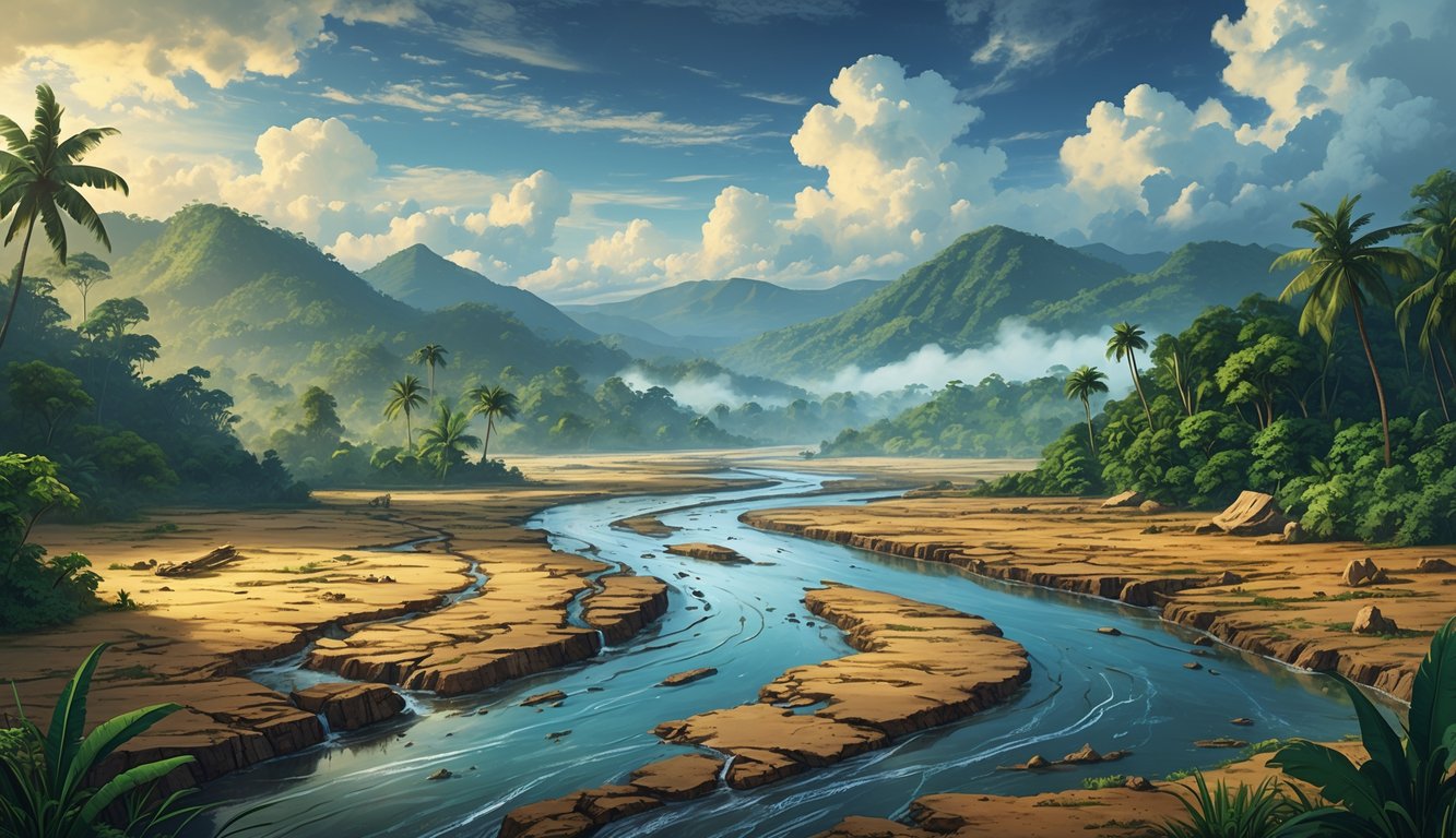 A tropical Venezuelan landscape with dry riverbeds, dense rainforest, mountains in the distance, and ancient artifacts near the riverbanks.