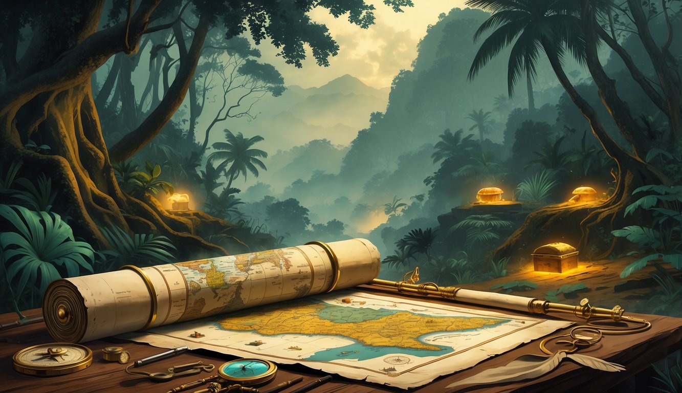 A mysterious ancient map on a wooden table surrounded by navigational tools, with a dense jungle and mountains in the background and hints of buried treasure and ghostly figures nearby.