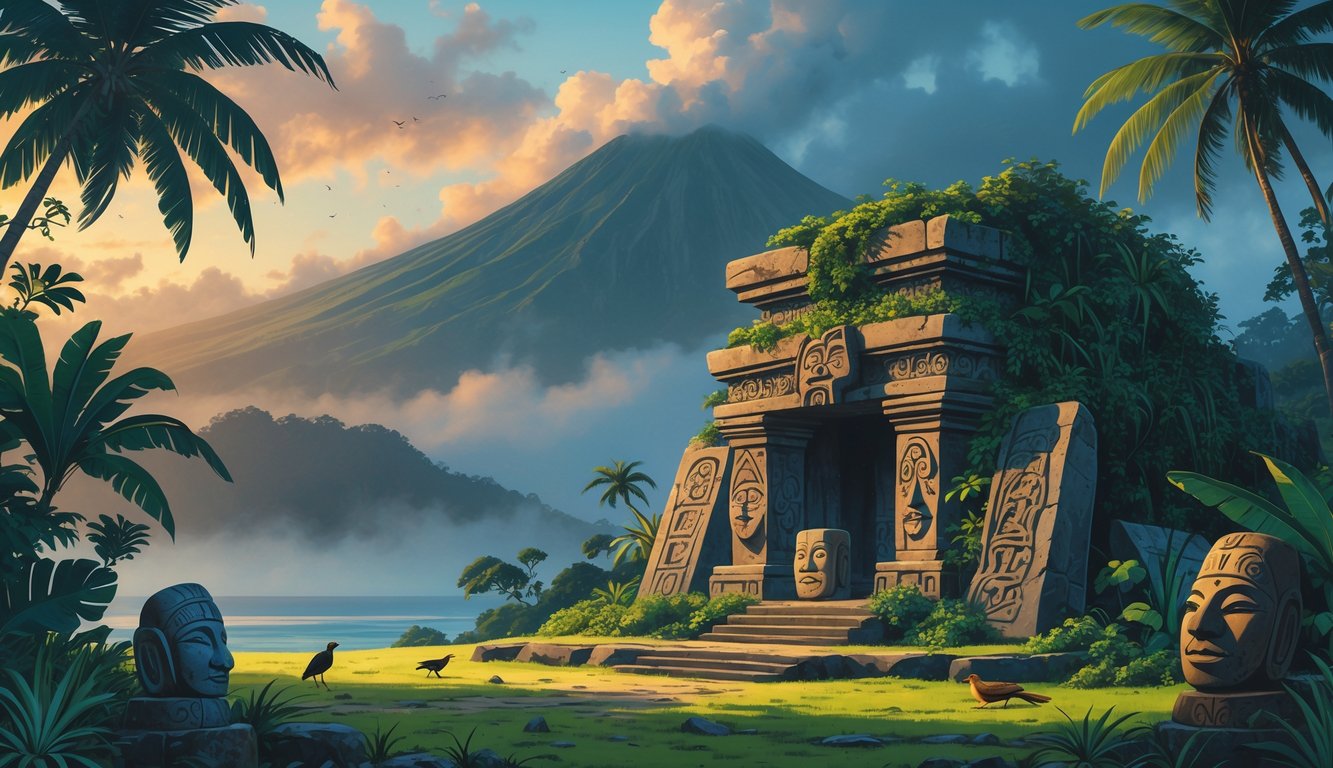 An ancient stone structure surrounded by jungle and traditional artifacts with a volcanic mountain in the background under a misty dawn sky.