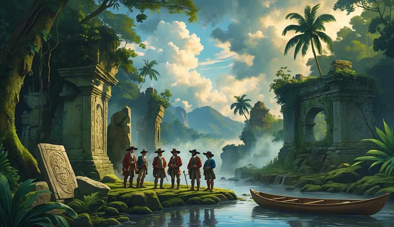 Colonial explorers examining ancient stone ruins and artifacts in a dense tropical jungle with a river and mountains in the background.