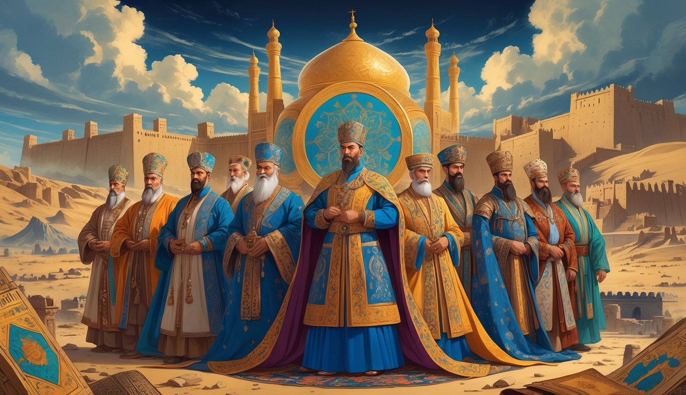 A group of historical Uzbek rulers and scholars standing in front of ancient landmarks and mysterious ruins under a dramatic sky.