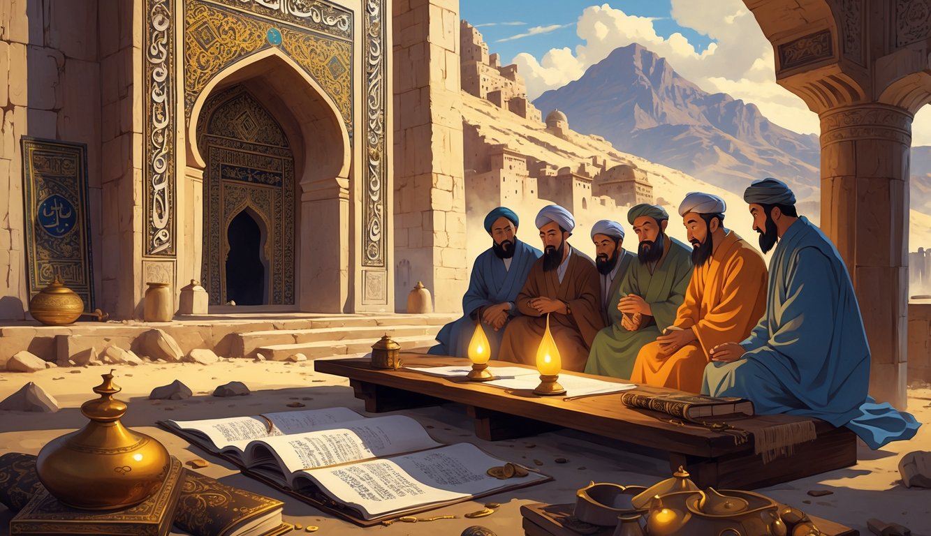An ancient mosque in Uzbekistan surrounded by desert and mountains, with scholars studying old manuscripts and artifacts on a wooden table.