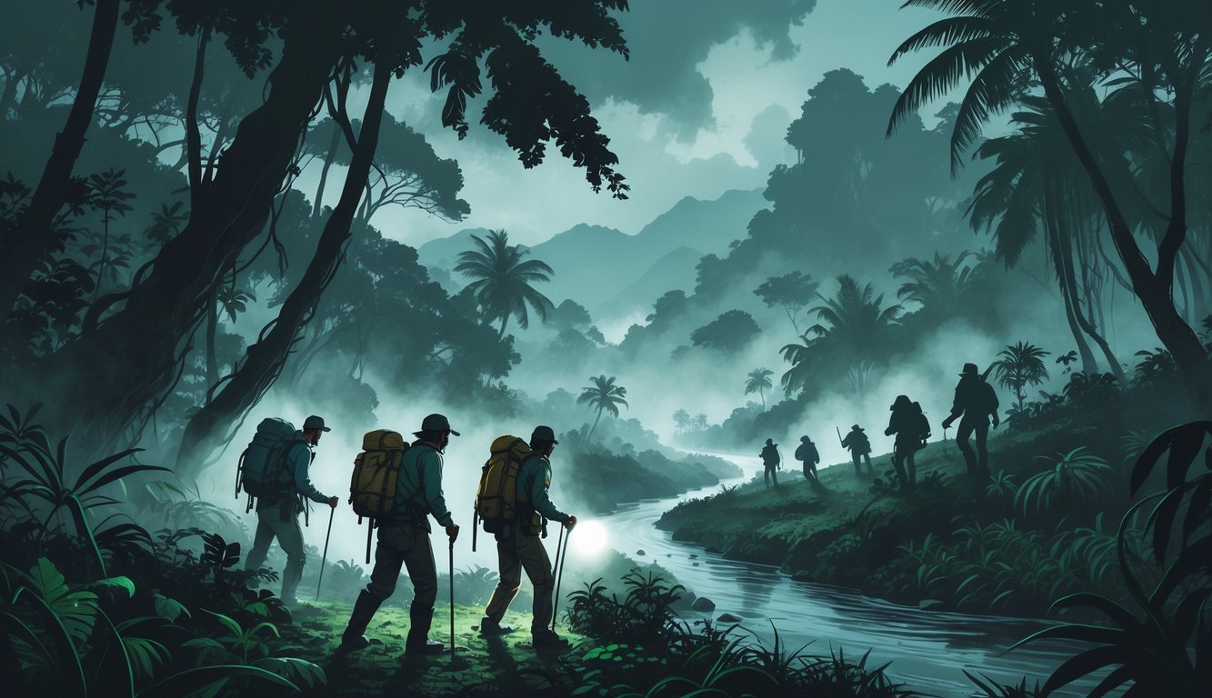 A group of explorers cautiously moving through a dense jungle with mist, shadows, and distant mountains, evoking a sense of mystery and disappearance in a remote area.