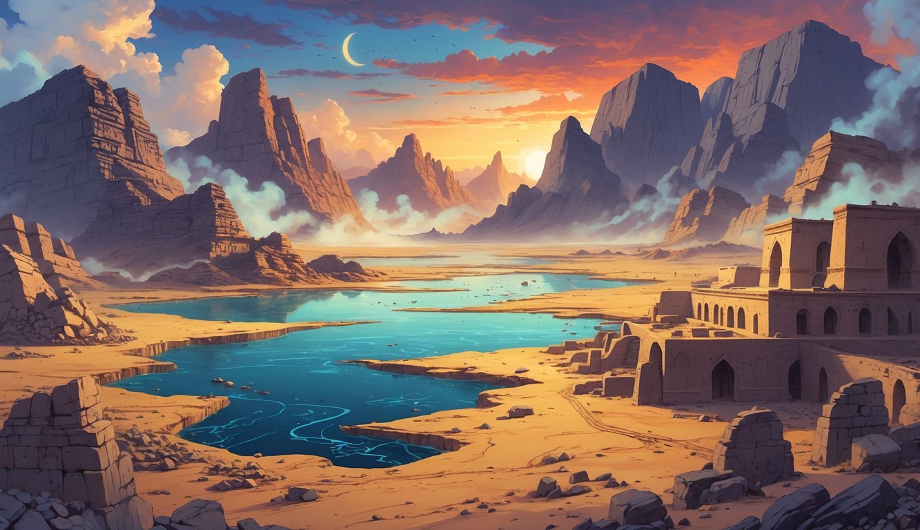 A landscape showing the ruins of the Aral Sea, misty mountains, ancient underground city tunnels, and desert with ancient rock formations under a colorful sunset sky.