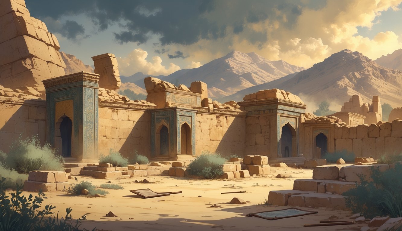 Ancient stone ruins in a desert landscape with mountains in the background, surrounded by sparse vegetation and scattered archaeological artifacts.