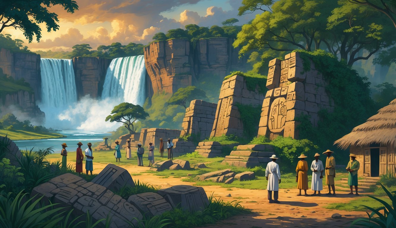 A landscape of Victoria Falls with ancient stone ruins and archaeologists examining artifacts near a traditional Zambian village.