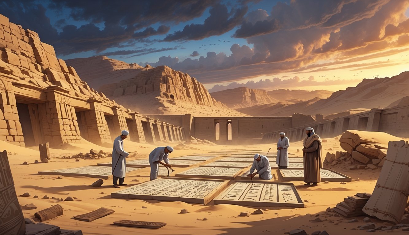 An ancient desert scene in Yemen with ruins, archaeologists examining stone tablets, and mysterious artifacts under a dramatic sky.
