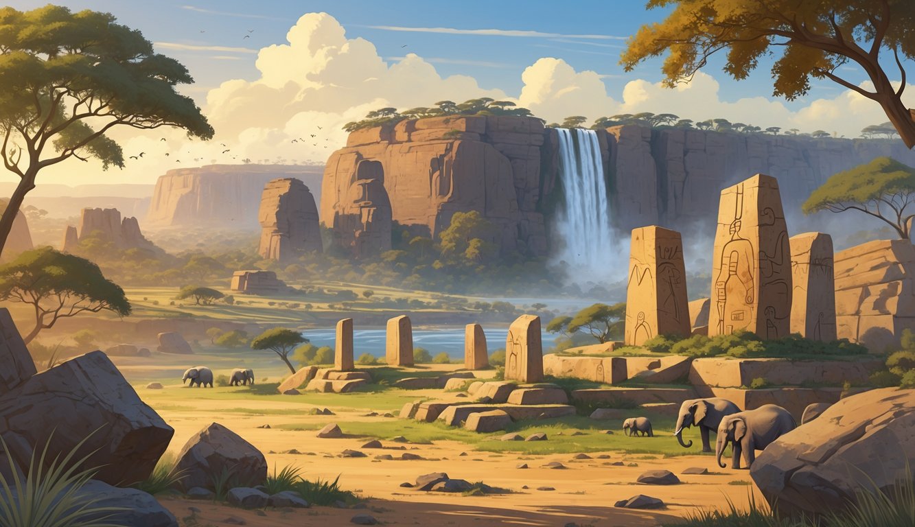 A landscape in Zambia showing ancient stone ruins, prehistoric rock art on boulders, wildlife like elephants, and the Zambezi River with Victoria Falls in the background.