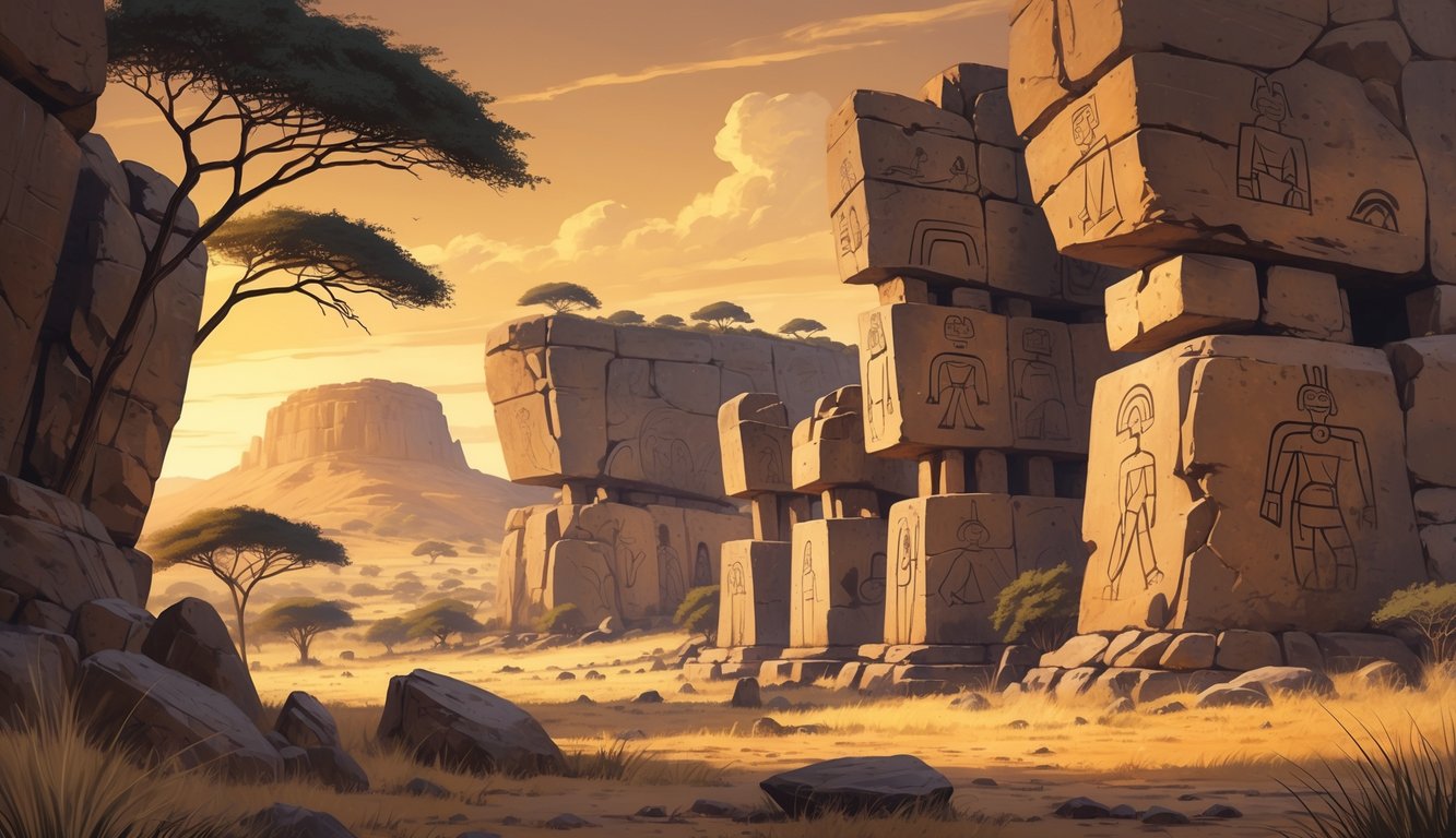 A landscape with ancient stone monuments and rock art on cliffs in a grassy area with trees and hills in the background.