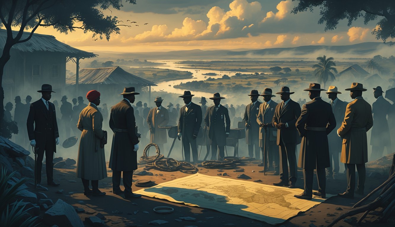 A group of people from the colonial era gather around an old map and artifacts in a shadowy town with a river, villages, and mining sites in the background.