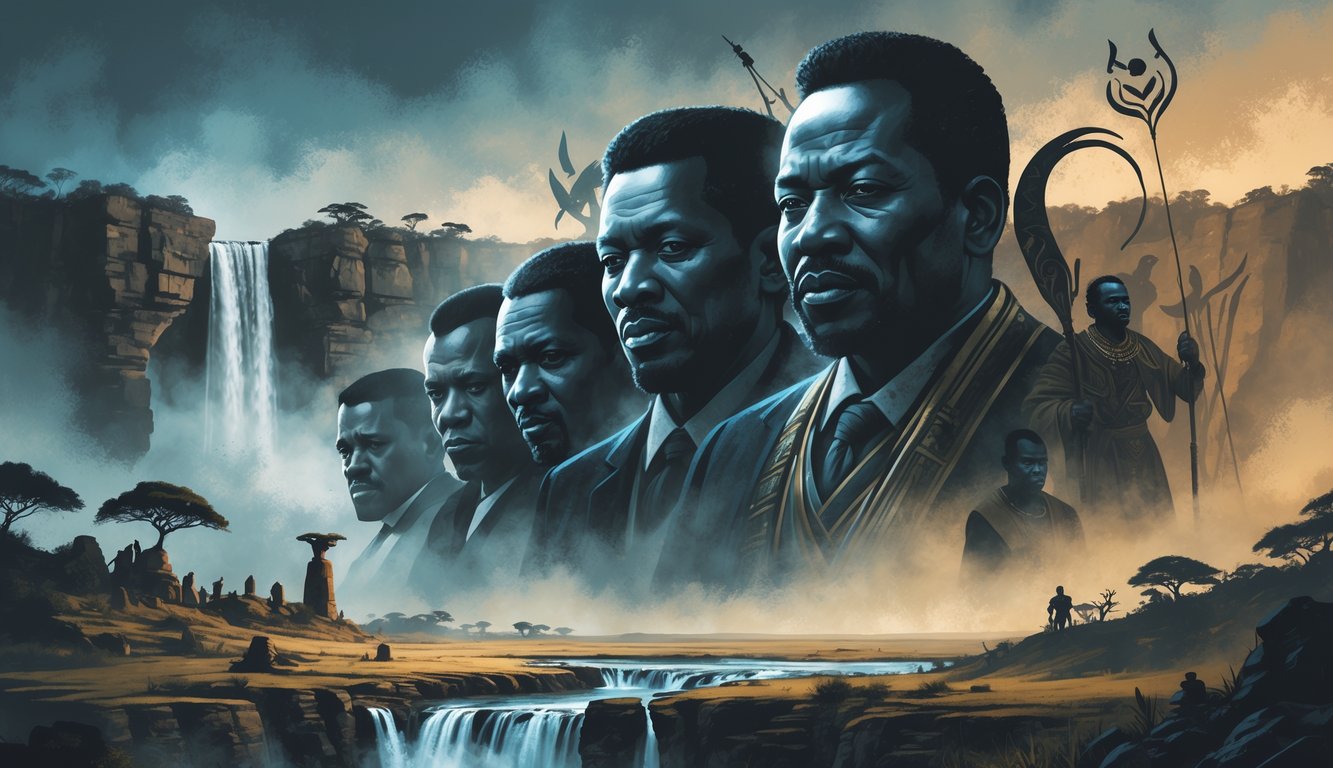A misty scene showing shadowy portraits of important historical figures from Zambia with ancient landmarks and artifacts in the background.