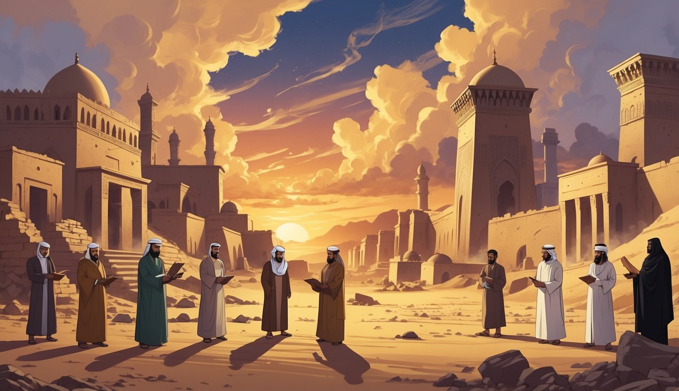 Ancient Yemeni landscape with traditional buildings, diverse historical figures, ruins, and a desert sunset symbolizing cultural and religious changes.