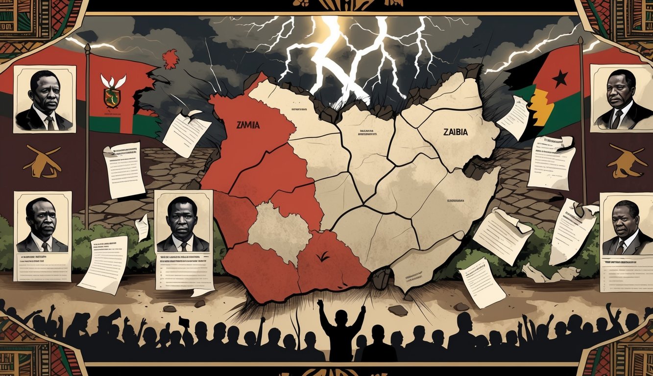 A symbolic illustration showing a cracked map of Zambia surrounded by portraits, torn flags, stormy skies, and silhouettes of protesting people representing political instability and historic impact.