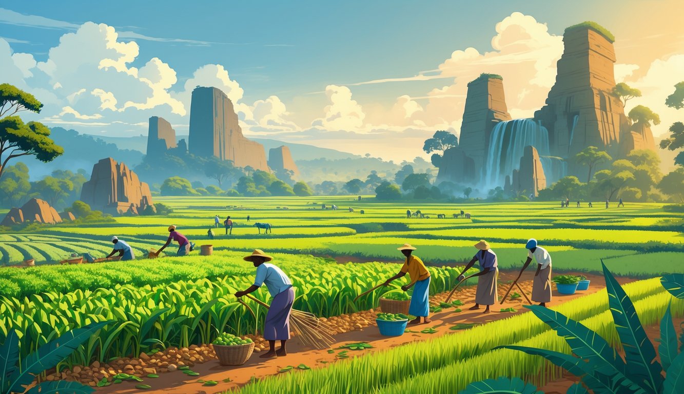 A landscape showing farmers working in green fields, a busy market with people trading goods, and ancient ruins hidden in the background.