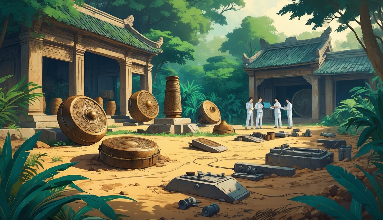 An archaeological site in Vietnam with ancient artifacts and researchers examining mysterious objects surrounded by jungle and traditional buildings.