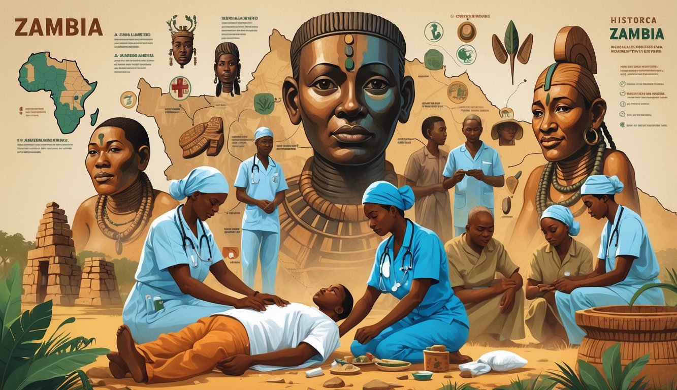 Healthcare workers caring for patients with health issues in front of a background showing ancient Zambian artifacts and historical symbols.