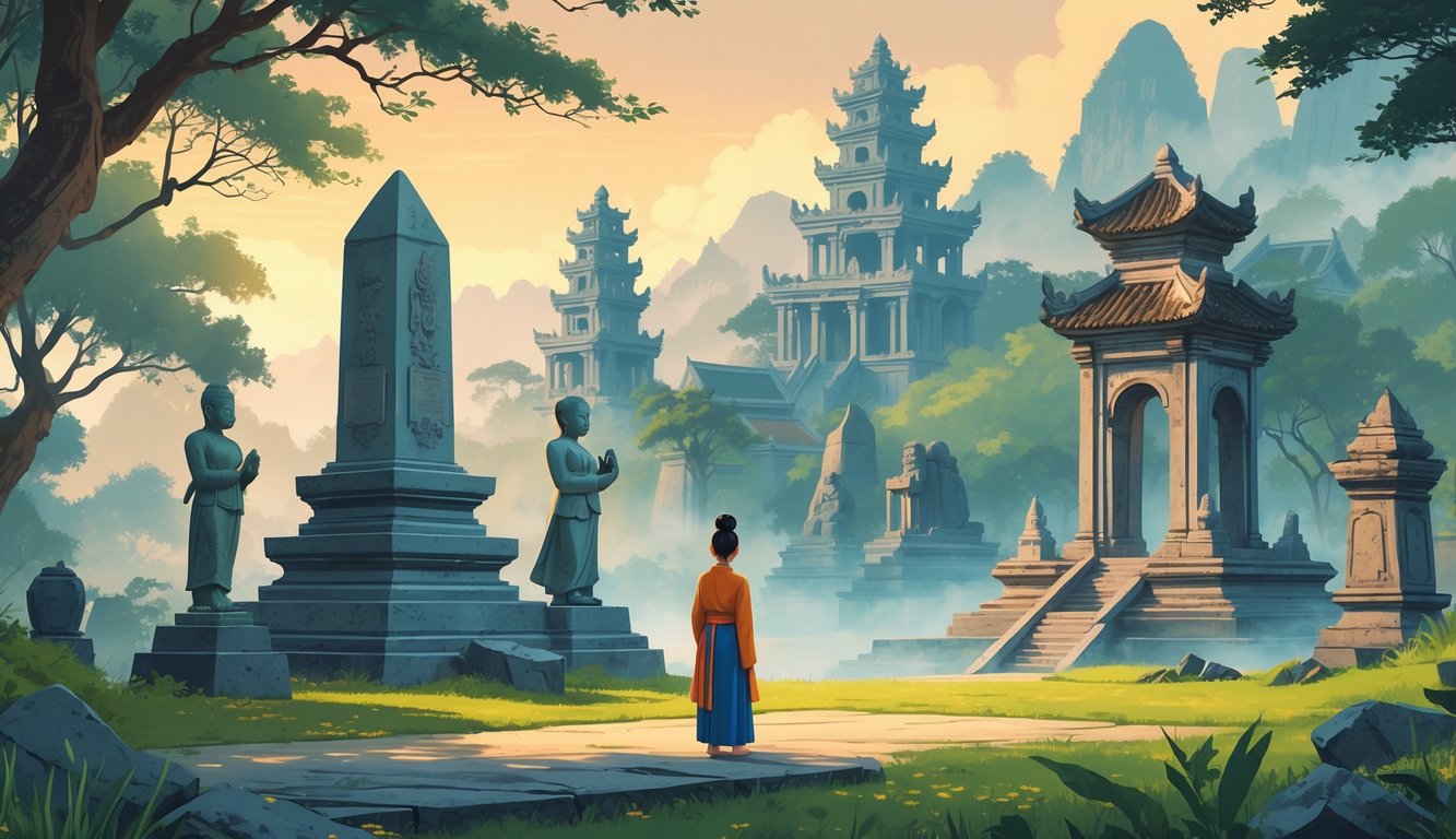 A peaceful Vietnamese landscape showing historical memorials, ancient statues, temples, and mountains with a person observing the scene.