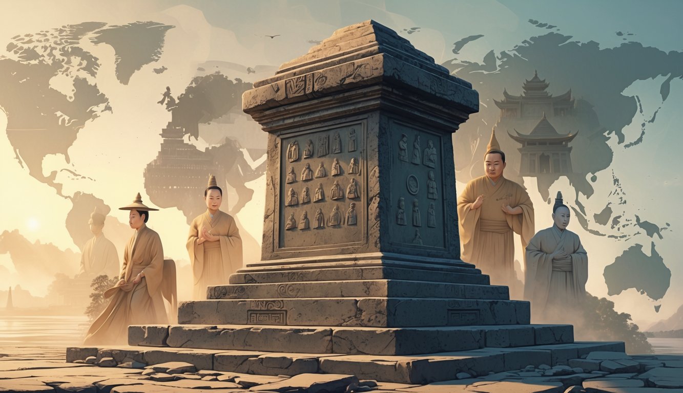 An ancient stone monument with mysterious symbols surrounded by ghostly images of historical Vietnamese events and landmarks, with a globe in the background highlighting Vietnam.