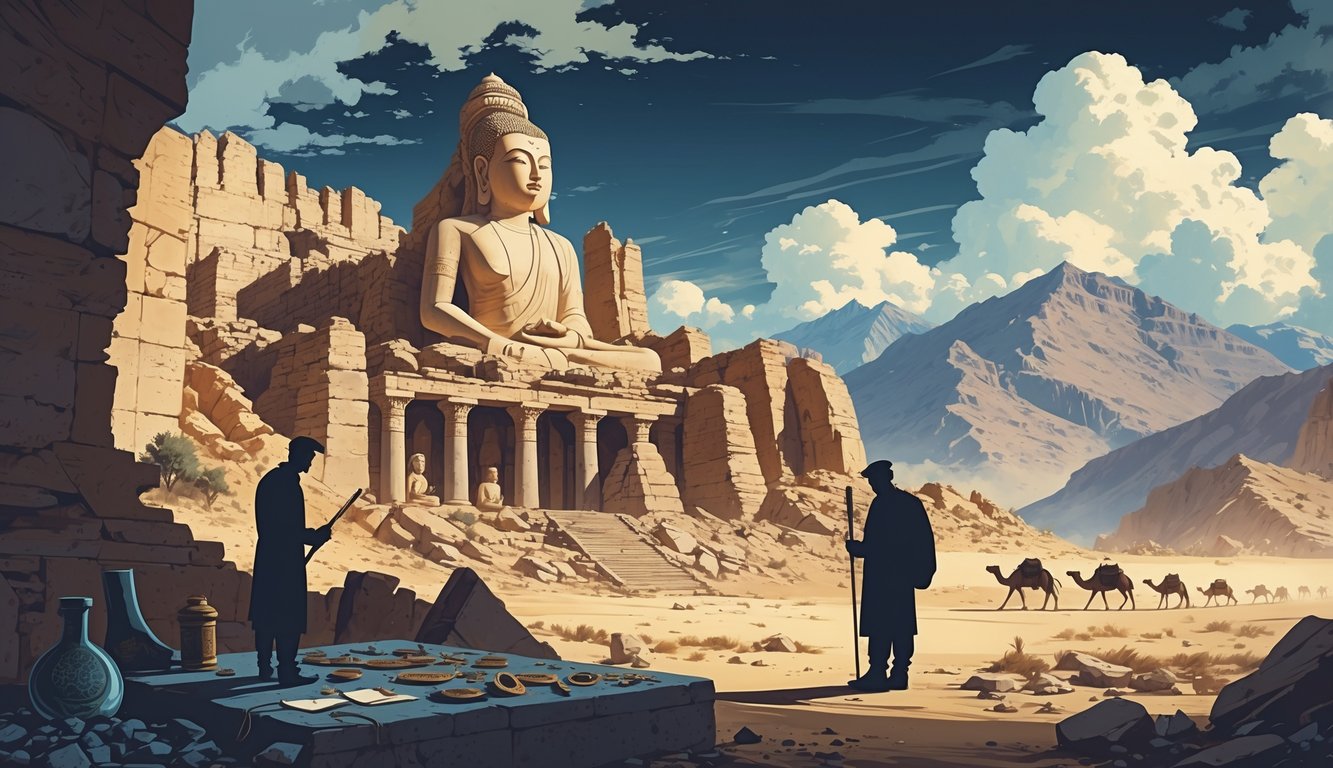 An archaeological site in Afghanistan with ancient ruins, artifacts on a stone table, explorers examining the area, mountains in the background, and a camel caravan crossing a desert.