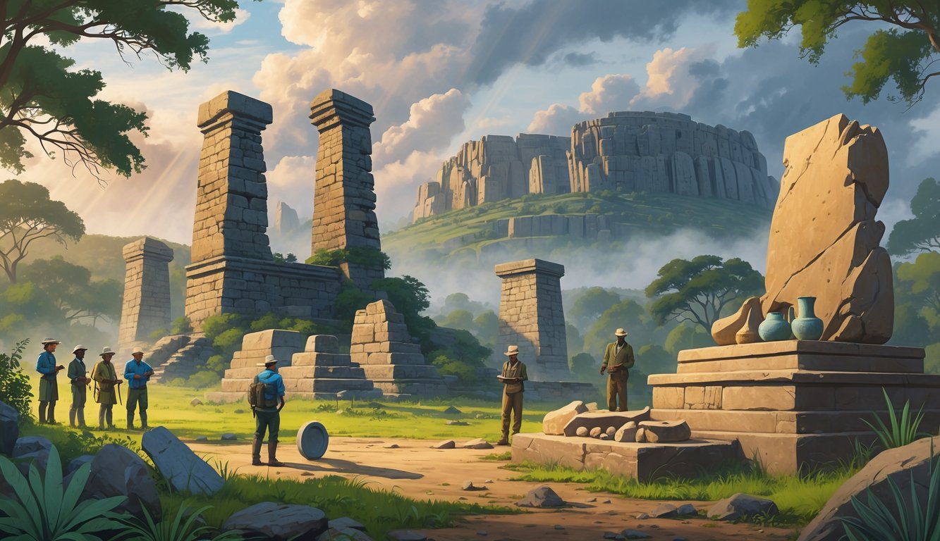 Ancient stone ruins of Great Zimbabwe with archaeologists examining artifacts surrounded by green hills and a misty sky.