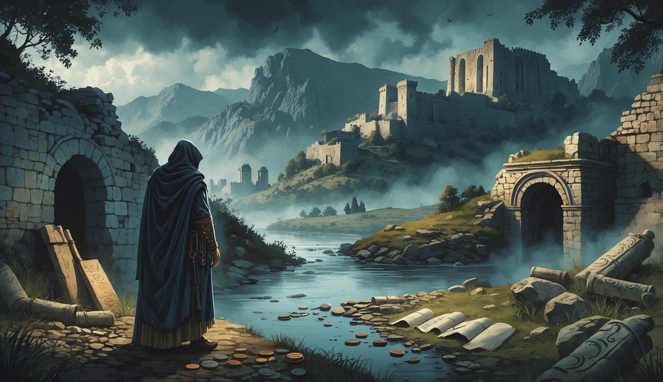 A landscape showing ancient Albanian ruins, a castle on a hill, a cloaked figure by a river, and scattered historical artifacts surrounded by mountains and mist.