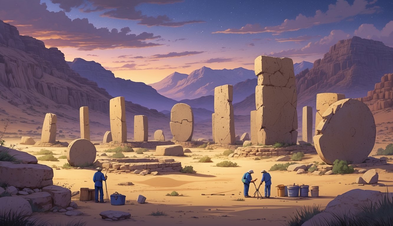 Ancient stone monuments arranged in mysterious patterns in a mountainous desert landscape with archaeologists examining the site at sunset.