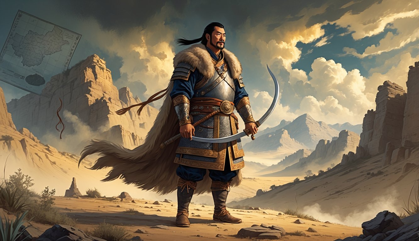 Genghis Khan standing on rocky mountains with ancient ruins and historic artifacts around him, symbolizing his mysterious legacy in Afghanistan.