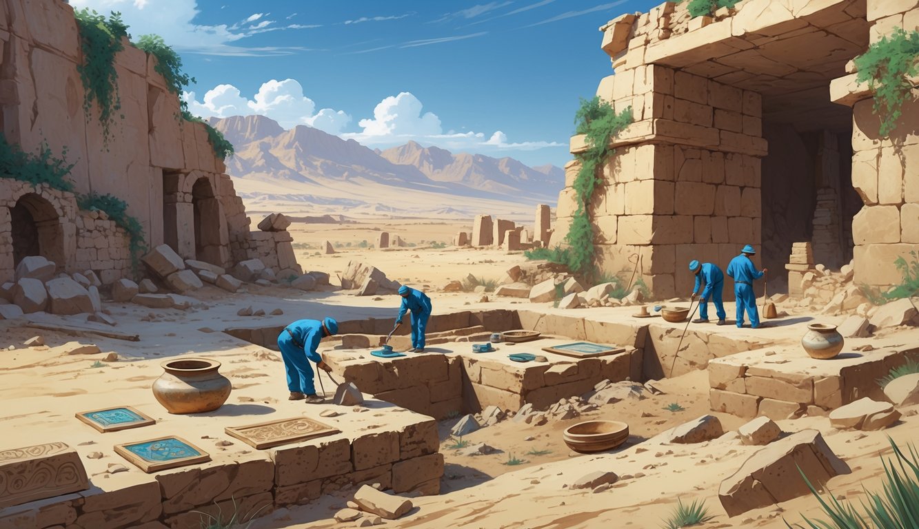 Archaeologists excavating ancient artifacts at a mountainous archaeological site in Afghanistan with ruins and desert landscape in the background.