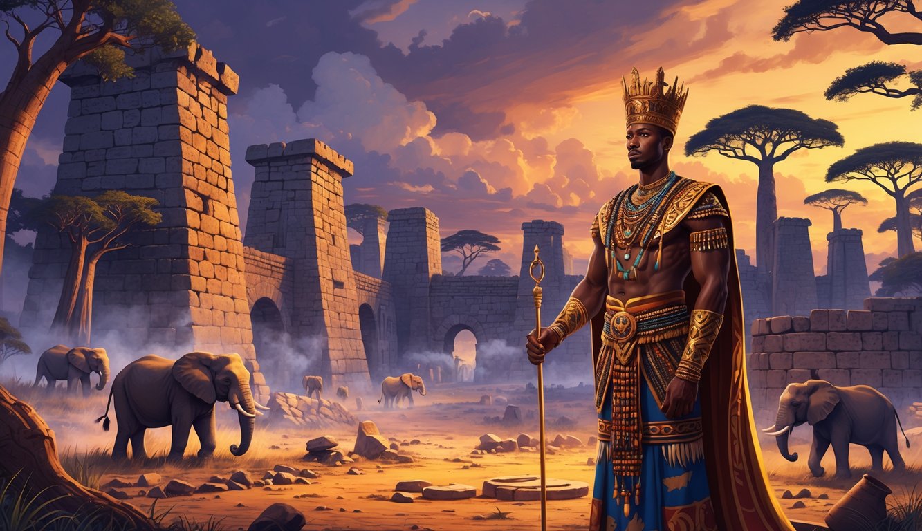 An ancient stone city with a regal African king standing among ruins, surrounded by wildlife and ancestral spirits under a colorful sunset sky.