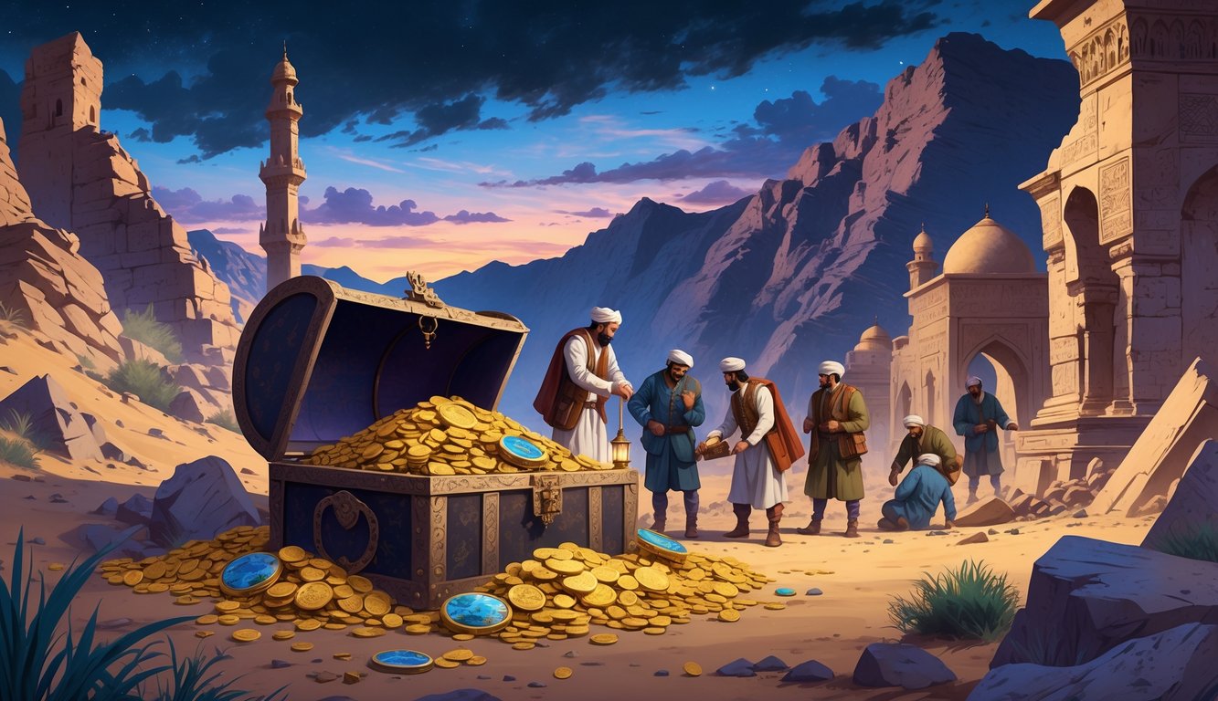Ancient treasure chest overflowing with gold and artifacts among desert ruins and mountains, with explorers uncovering the treasures at dusk.